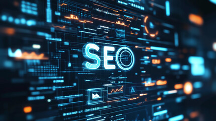 Obraz premium A futuristic depiction of SEO with AI elements, showing data processing and analysis