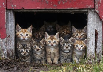 Adorable group of playful kittens peeking out from a rustic wooden shelter with vibrant fur patterns and charming expressions in a serene outdoor setting