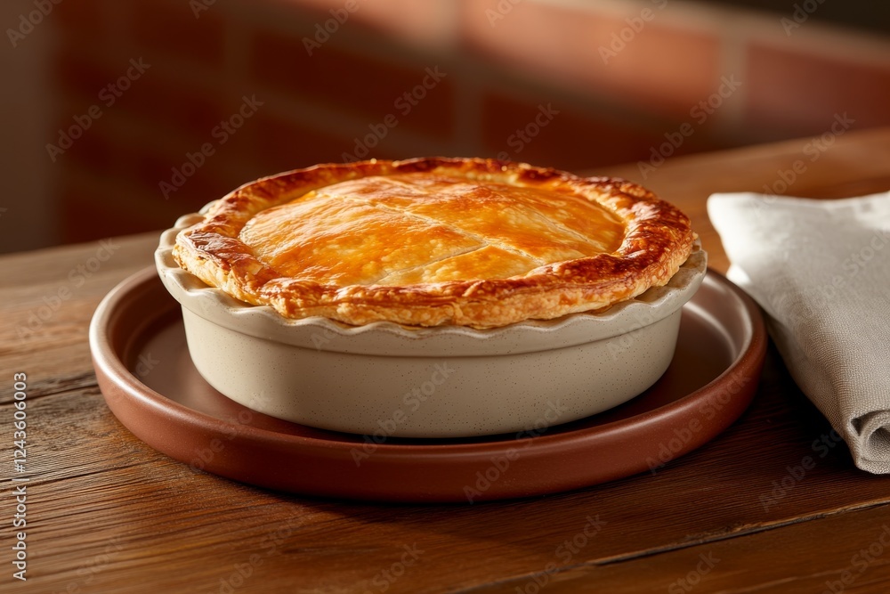Poster a side view of a rustic apple pie sits on a scalloped ceramic plate atop a weathered wooden table, a