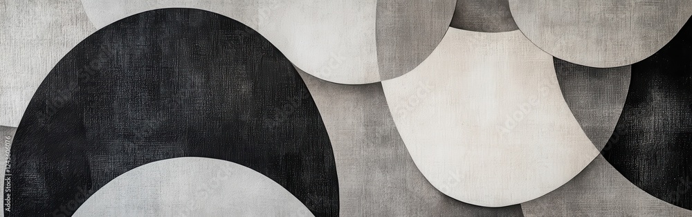 Poster Monochromatic design featuring abstract shapes in muted gray tones displayed on a textured surface in a modern interior setting