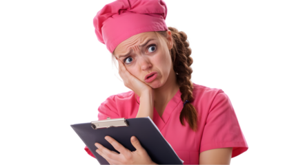 nurse checking a clipboard, concerned about patient care, on a white isolated background 