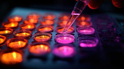Close-up of a scientist pipetting a liquid sample into a multi-well tray in a laboratory setting, demonstrating precision and care in laboratory testing and research processes.