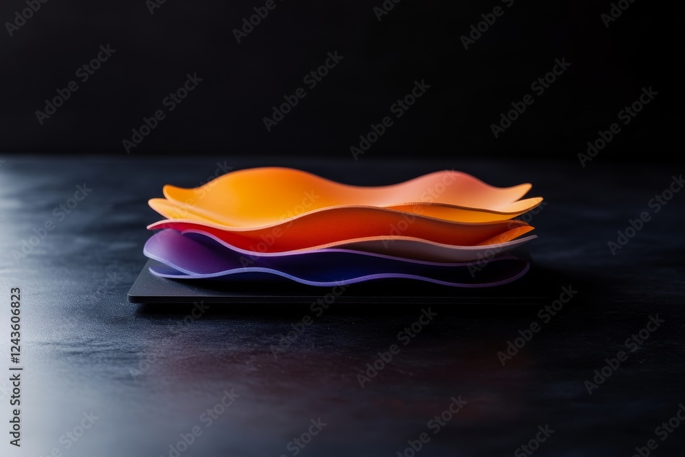 Poster Bold rainbow-colored layered 3D shape stands out against a black surface, reflecting light and casting intricate shadows that enhance visual depth and complexity