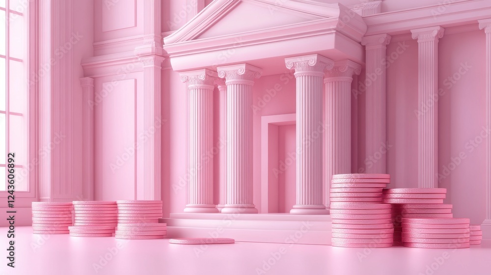 Poster a whimsical pink architectural scene featuring classical columns and stacked coins, evoking a playfu