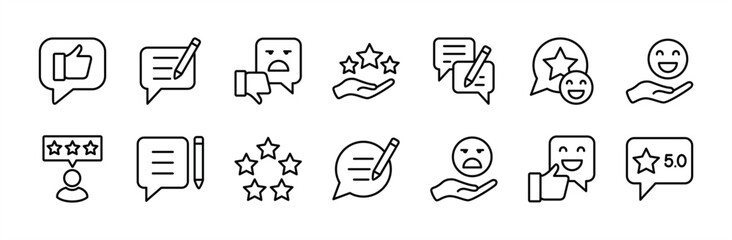 Customer feedback thin line icon set. Containing rating, review, satisfaction, experience, like, comment for survey, opinion, service, vote, test, inspecting, testimonial, response, life events