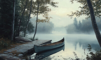 Fototapeta premium A Canoe Tied to a Secluded Dock on a Misty Morning for a Tranquil Moment by the Water