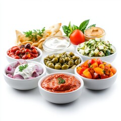 Colorful Display of Fresh Ingredients and Dips for a Delicious Mediterranean Feast