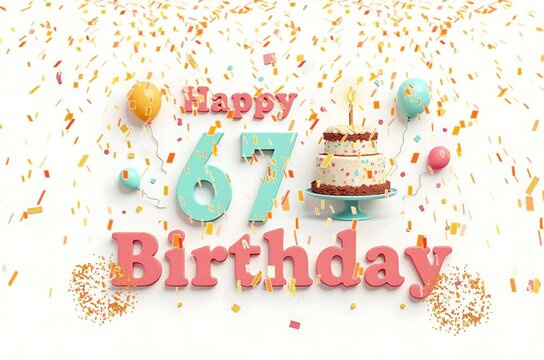 Animated 3D Happy 67th Birthday background video in pastel theme with floating balloons, lit candles, fireworks, and confetti shower