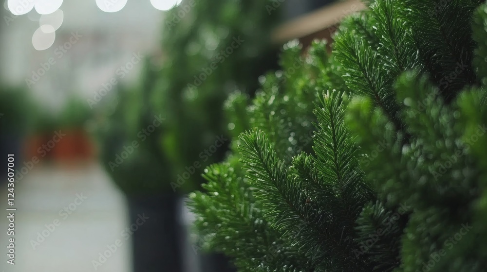 Poster Green pine branches dusted with sparkling snowflakes create a cozy holiday atmosphere, enhanced by a soft bokeh background and space for text on the right side