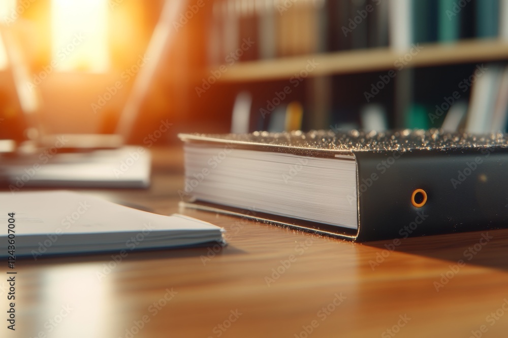 Poster Sunlight streams onto a black binder resting on a wooden shelf, creating soft dust motes and providing a warm and inviting atmosphere in the workspace