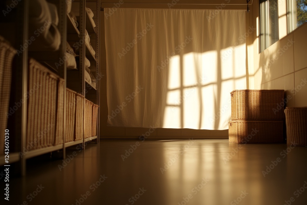 Poster a bright storage room features a white fabric draped on shelves, wicker baskets on the floor, and su
