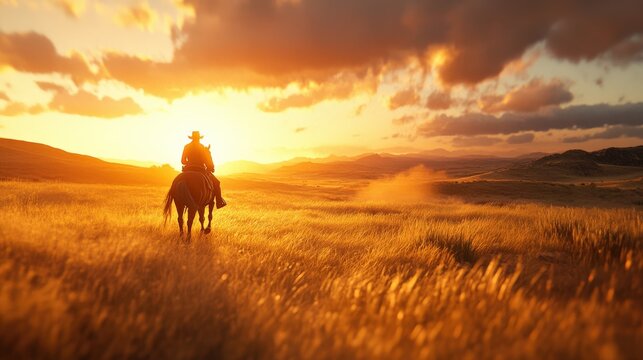 Lone cowboy rides through golden prairie at sunset with dramatic clouds and rolling hills in the background for a western adventure