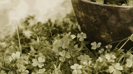 Vintage-style pot of gold with four-leaf clovers in a grassy field, St. Patrick's Day theme