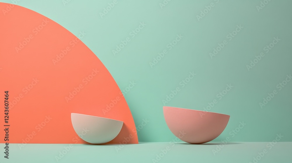 Aufkleber Minimalist half-circles in muted coral and soft teal create a serene and modern composition in an artistic interior setting