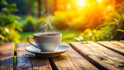 Rustic Outdoor Coffee: Warm Morning Brew on Wooden Table