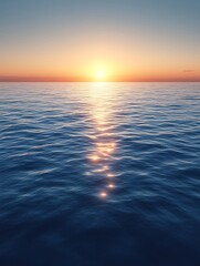 Serene ocean sunset with sun reflecting on calm water.