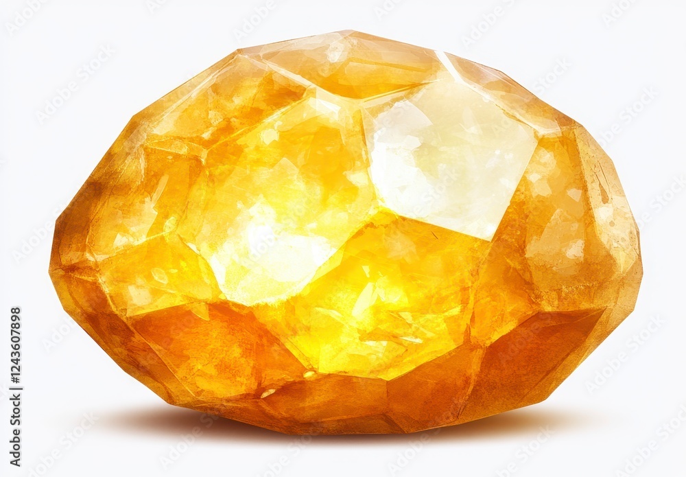 Poster a digitally rendered image of a yellow gemstone with faceted surfaces, illuminated from within, isol