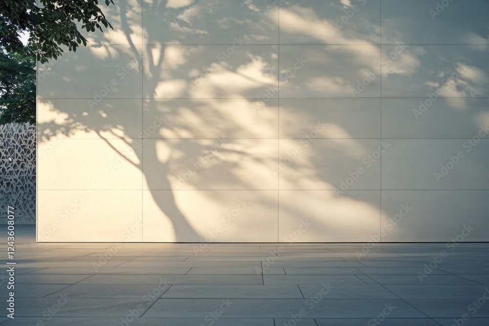 Fototapete side-angle view of a smooth cement wall featuring faint cracks, illuminated by dappled sunlight thro