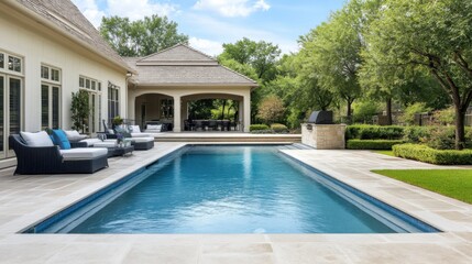 Fototapeta premium Serene Outdoor Pool Area with Modern Furniture and Lush Greenery Under Bright Blue Sky