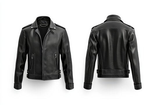 Sleek black leather jacket mockup front, side, and back angles with a classic biker design on a white background