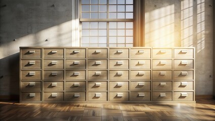 Sunlight Illuminates a Wall of Wooden Drawers in a Room with a Large Window