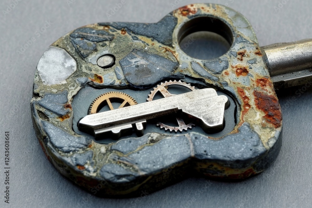 Poster a close-up of a unique key embedded in a textured stone surface, featuring intricate gears, showcasi