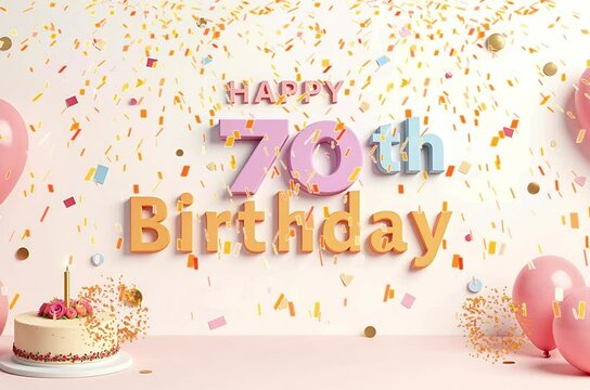 Animated 3D Happy 70th Birthday background video in pastel theme with floating balloons, lit candles, fireworks, and confetti shower