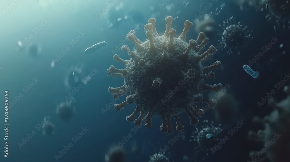 Poster microscopic view of a virus particle surrounded by other microbes in a dark blue fluid. detailed 3d 