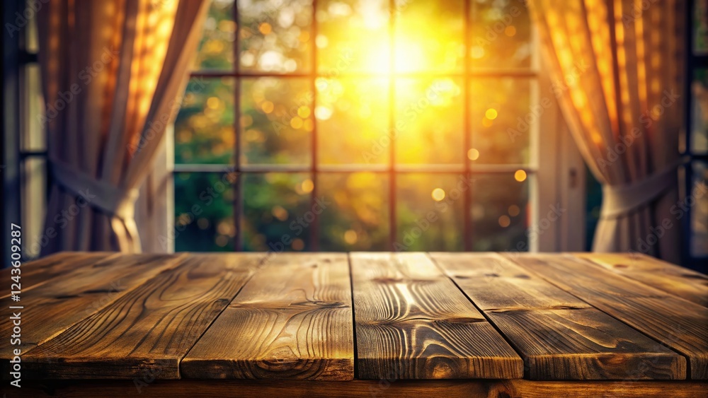Poster rustic wooden table with window view & copy space - perfect for product displays