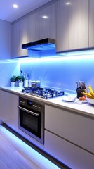 Modern Minimalist Kitchen with Blue LED Lighting - Sleek kitchen design, blue LED under-cabinet lighting, modern appliances, clean lines, and bright ambiance.  Symbolizing: modernity, efficiency