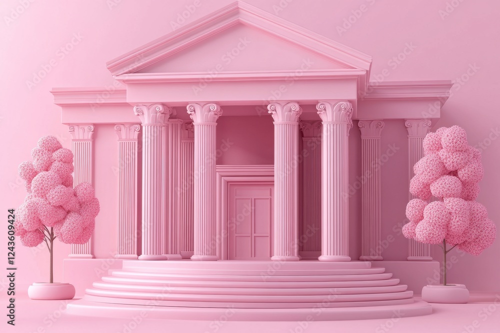 Poster a whimsical pink building with classical columns, set against a matching pink background, complement