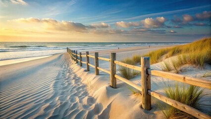 Golden Hour Serenity A Wooden Fence Lines a Sandy Beach at Sunset