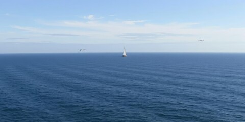 Obraz premium Ultra wide-angle shot of a sweeping ocean horizon with sailboats and seagulls in the distance, horizon, sailboats