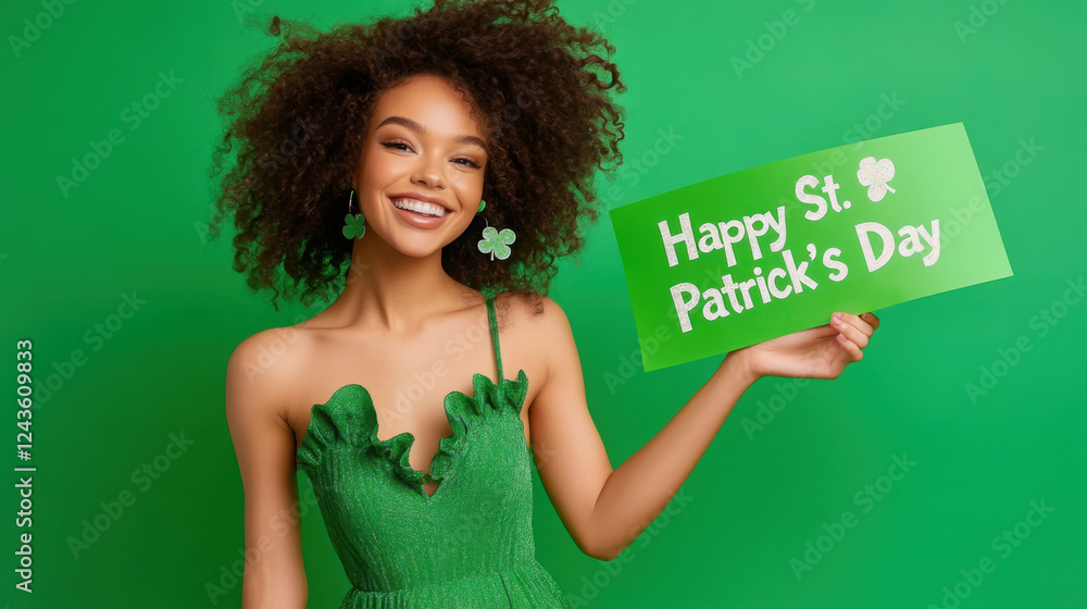 Wall mural Happy st. patrick’s day celebration with smiling model holding festive sign