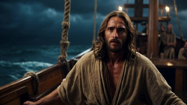 Jesus with his disciples in the middle of the sea, christian footage