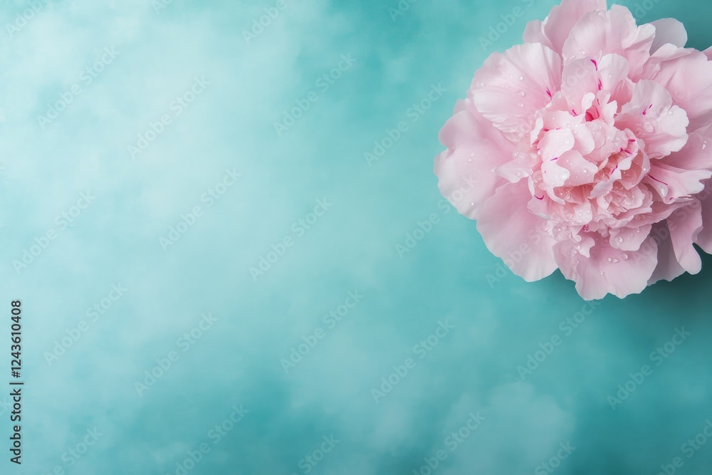 Aufkleber a single pink peony in full bloom with dew droplets rests against a blurred teal gradient background