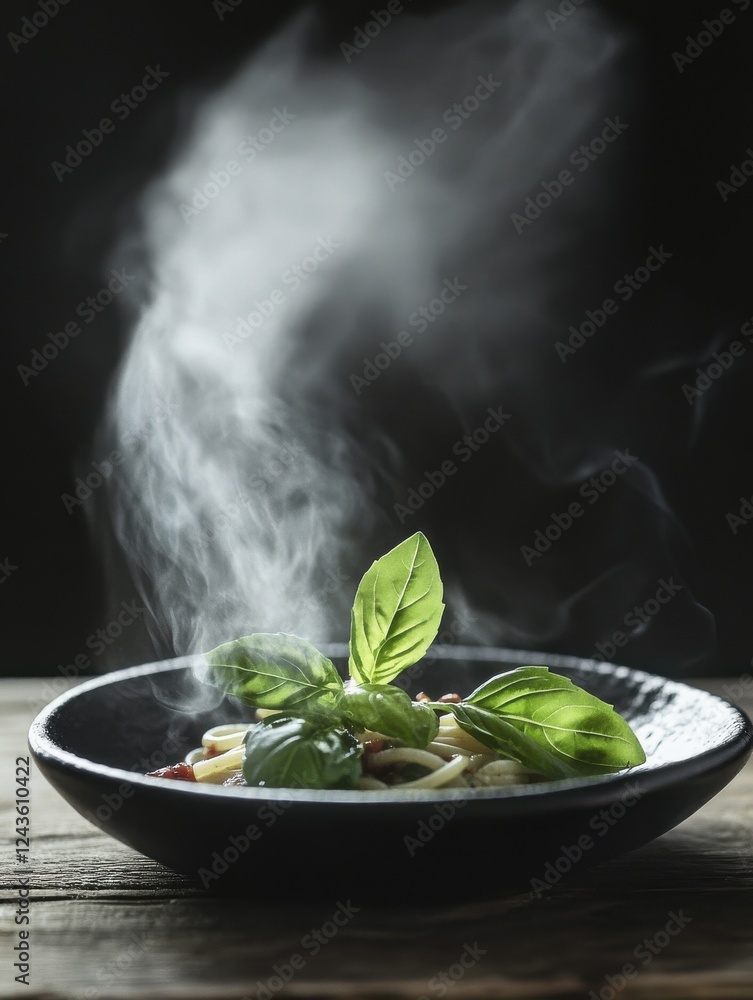 Poster steaming plate of spaghetti garnished with fresh basil on rustic wooden table