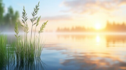 Obraz premium Serene sunrise over calm lake, misty morning, green plants in foreground, warm sunlight reflecting on water, peaceful landscape