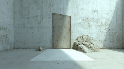 Abstract Minimalist Scene with Open Door and Rocks in Light Room