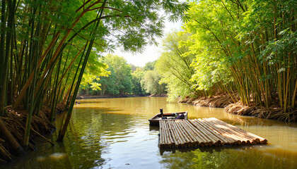Serene bamboo raft resting on calm water, tranquility in nature