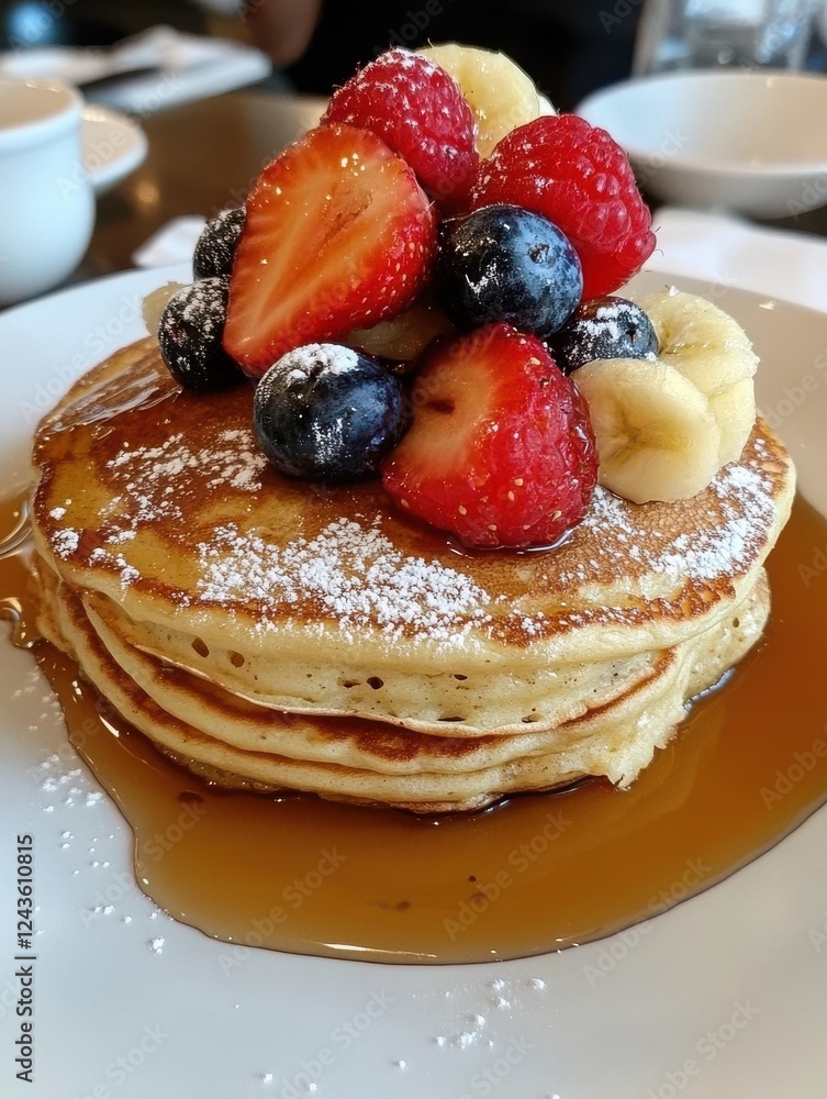 Poster fluffy pancakes stacked high with fresh berries and bananas served with maple syrup for breakfast de