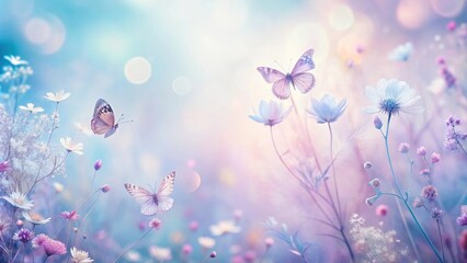 Fototapeta premium Pastel Butterflies Dancing Amongst Delicate Wildflowers in a Soft Summer Meadow