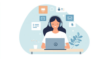 Smiling Woman with Headphones Using Laptop for Text Messages, Chatbot, and AI on Digital Marketing Banner