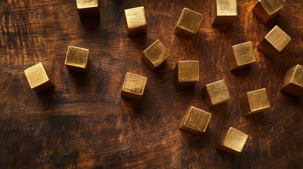 Gold cubes scattered on a dark wooden surface create an elegant and striking display