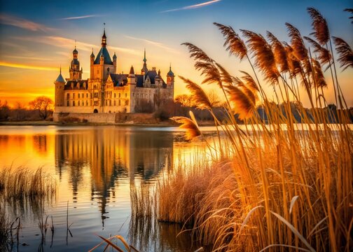 Schwerin Castle Sunrise: Majestic Castle Silhouette Behind Reeds