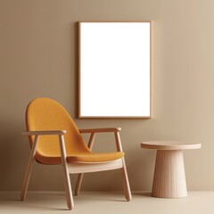 Modern Minimalist Living Room with Mustard Yellow Armchair and Wooden Side Table