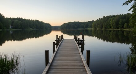 Tranquil lake sunrise, wooden pier, calm water, forest trees.