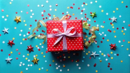 Obraz premium A Festive Red Gift Box with Colorful Confetti and Ribbons on a Teal Background