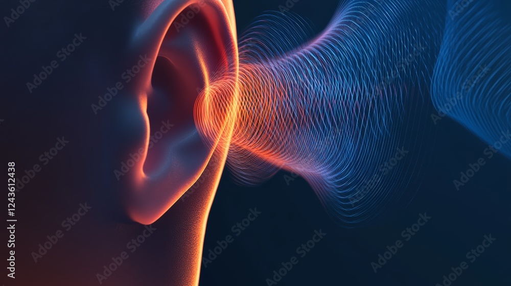 Poster colorful sound waves entering a human ear visualize the intricate mechanics of hearing and auditory 