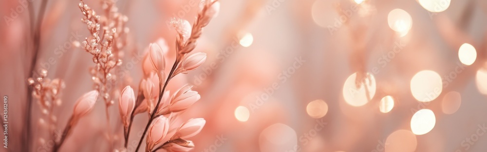 Poster soft pink flowers with blurred bokeh lights creating a warm atmosphere in a serene setting
